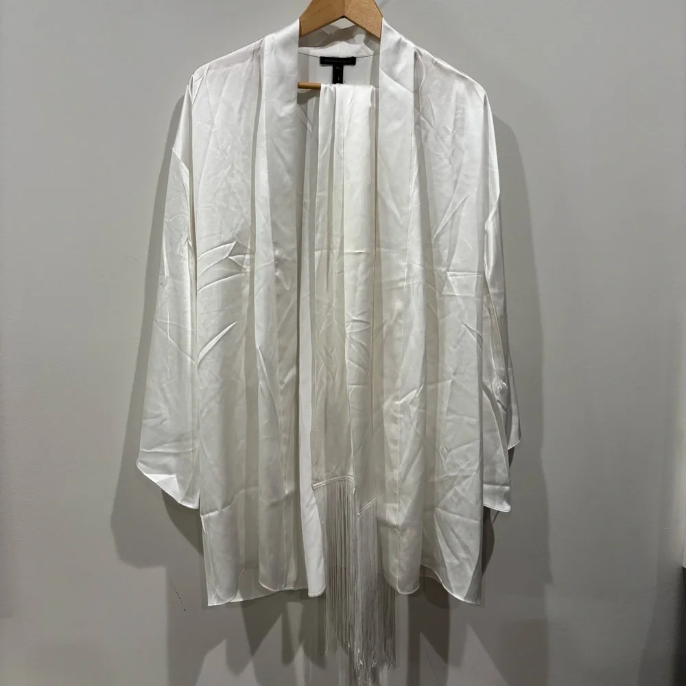 NWT! KIKI DE MONTPARNASSE Fringe Kimono Robe -Trim Silk Mini Kimono White Size M
